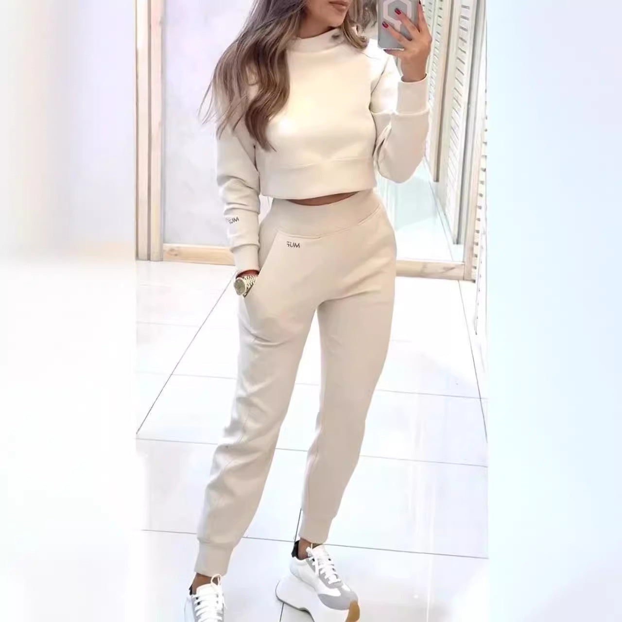 Stand Collar Sports Suit Fashion Pullover Long-sleeves Short Top And Slim Trousers With Pockets