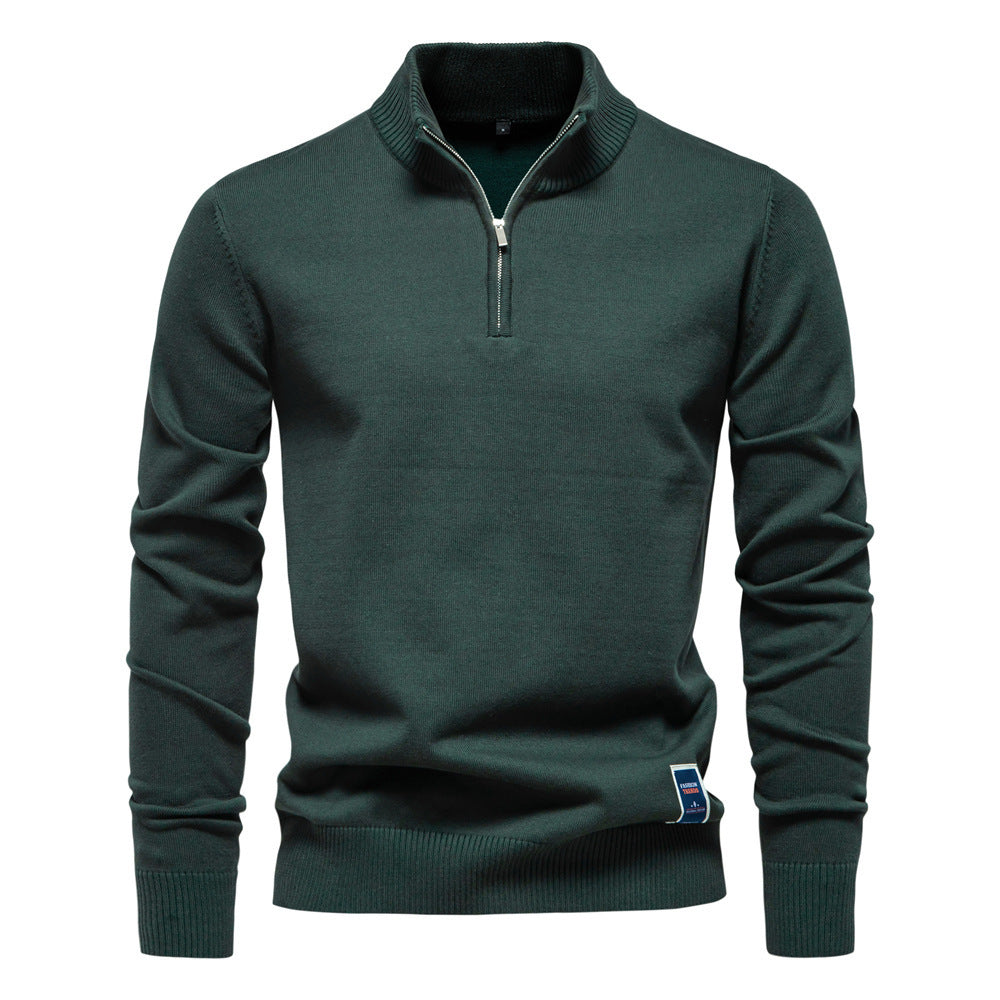 Men's Stand Collar Half Zip New Solid Color Cotton Sweater