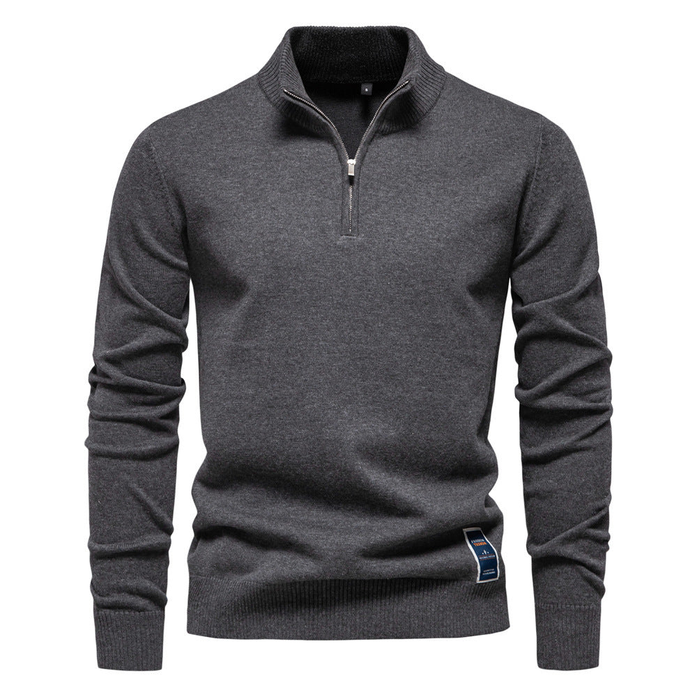 Men's Stand Collar Half Zip New Solid Color Cotton Sweater