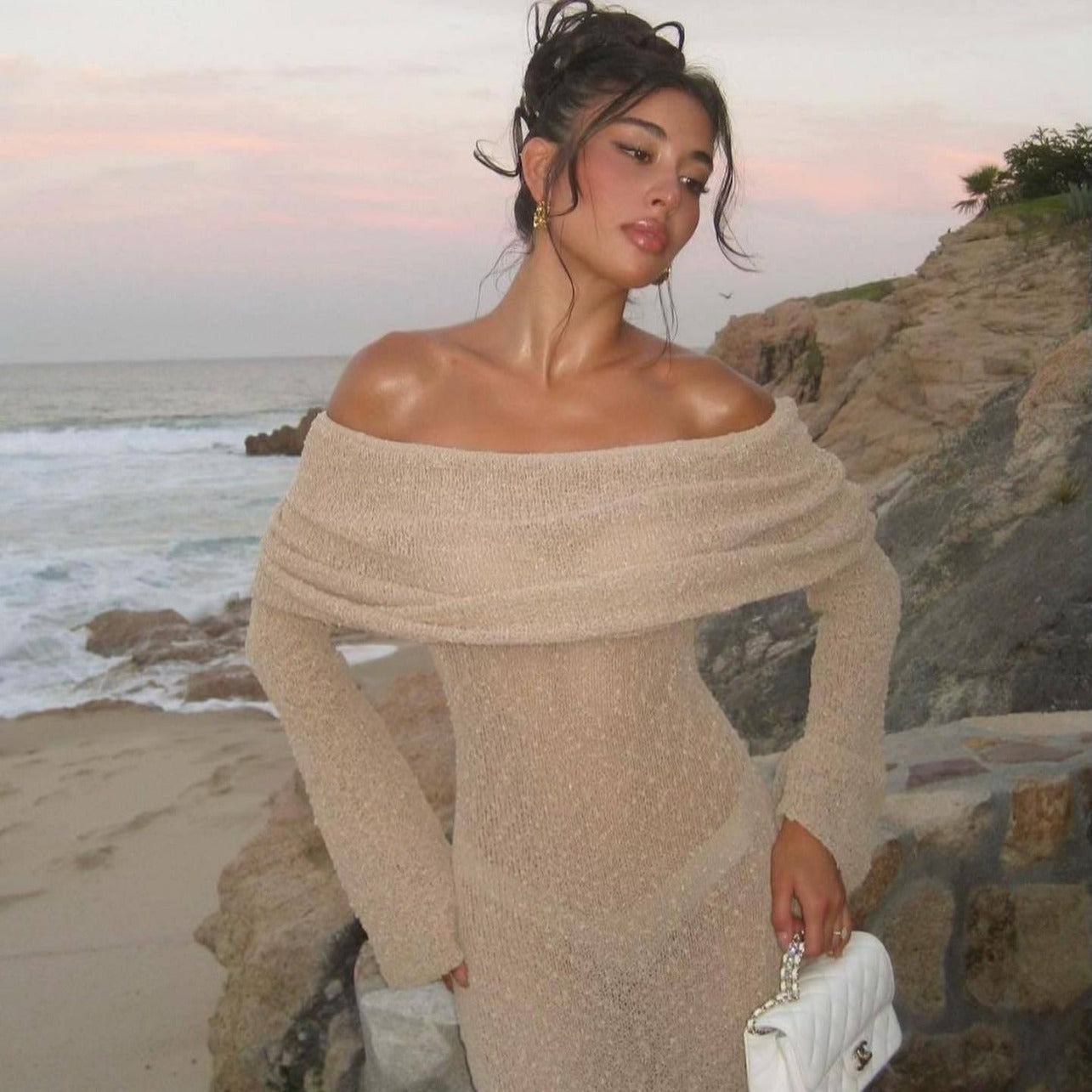 New One-shoulder Knitted Long-sleeved Dress