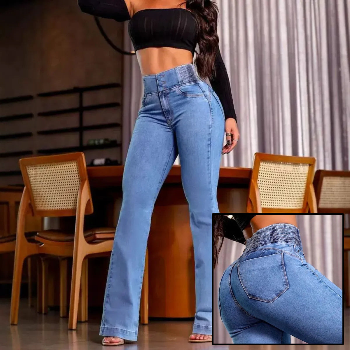 Female Trouser Shirred Button Front High Waist Jeans
