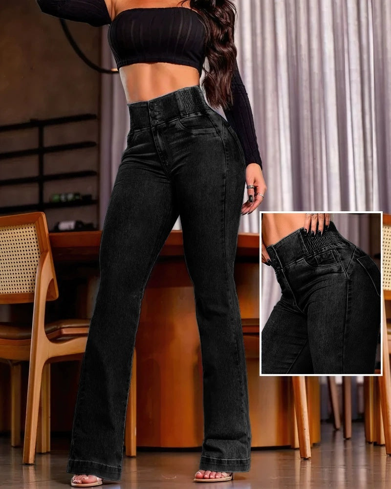 Female Trouser Shirred Button Front High Waist Jeans