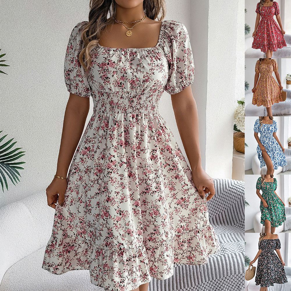 Floral Print Square Collar Dress Summer