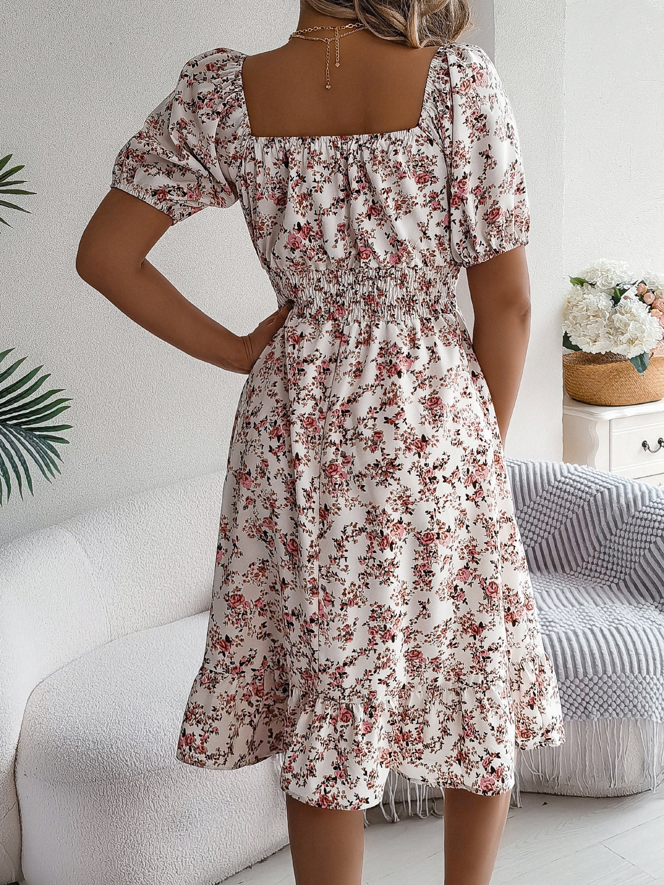 Floral Print Square Collar Dress Summer