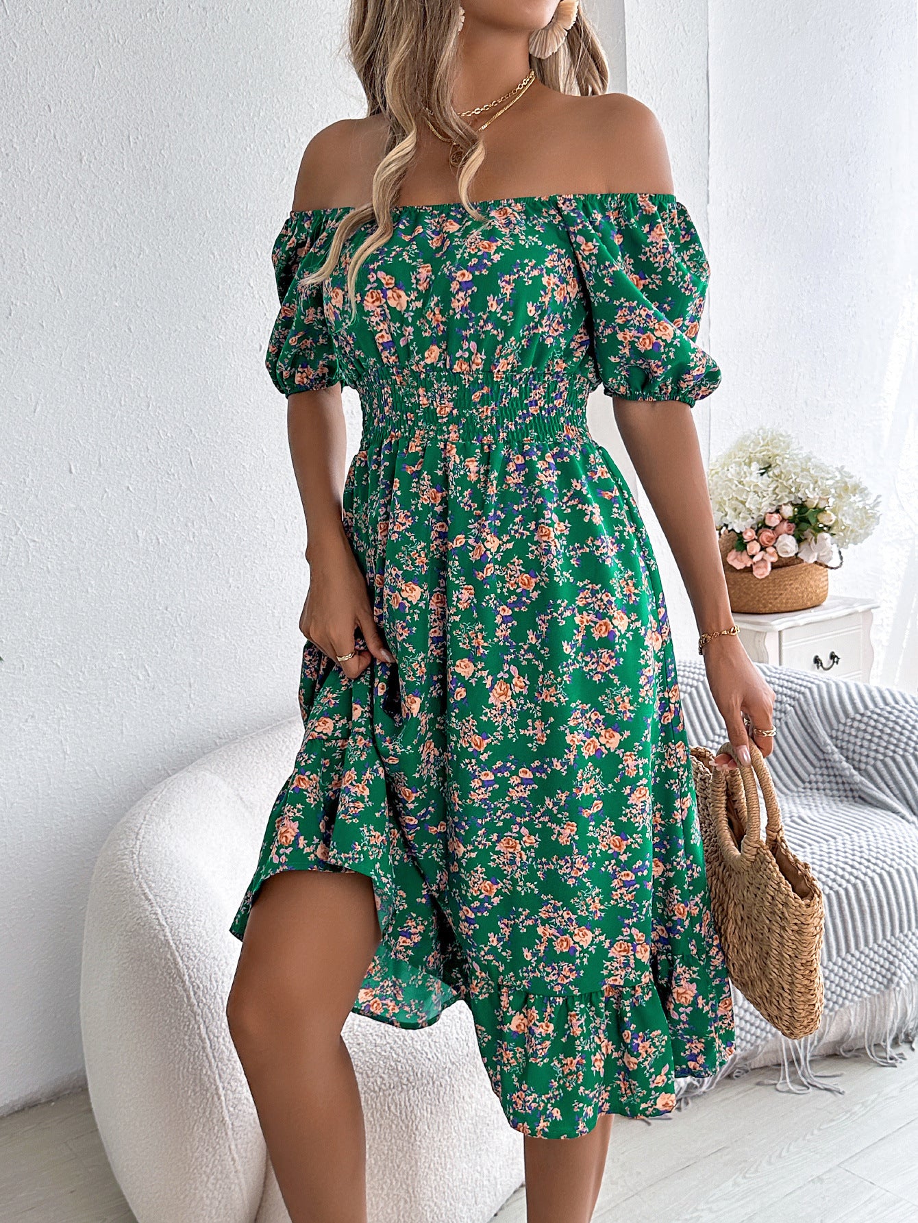 Floral Print Square Collar Dress Summer