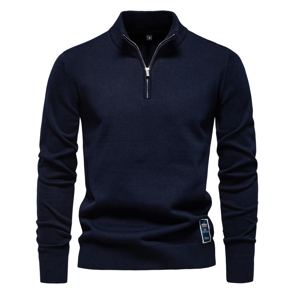 Men's Stand Collar Half Zip New Solid Color Cotton Sweater